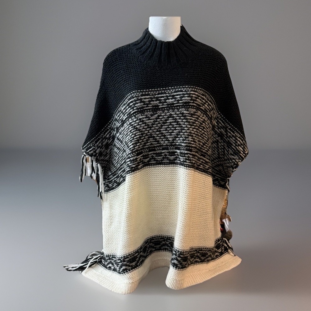 Ruff Hewn Wool Poncho Women L/XL Ribbed Mock Neck Black Ivory Fringe Boho Aztec